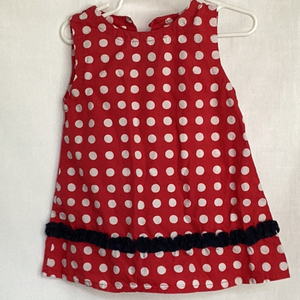 Frumpy Rumps red and white polka dot dress.  12 month old dress with navy ruffle